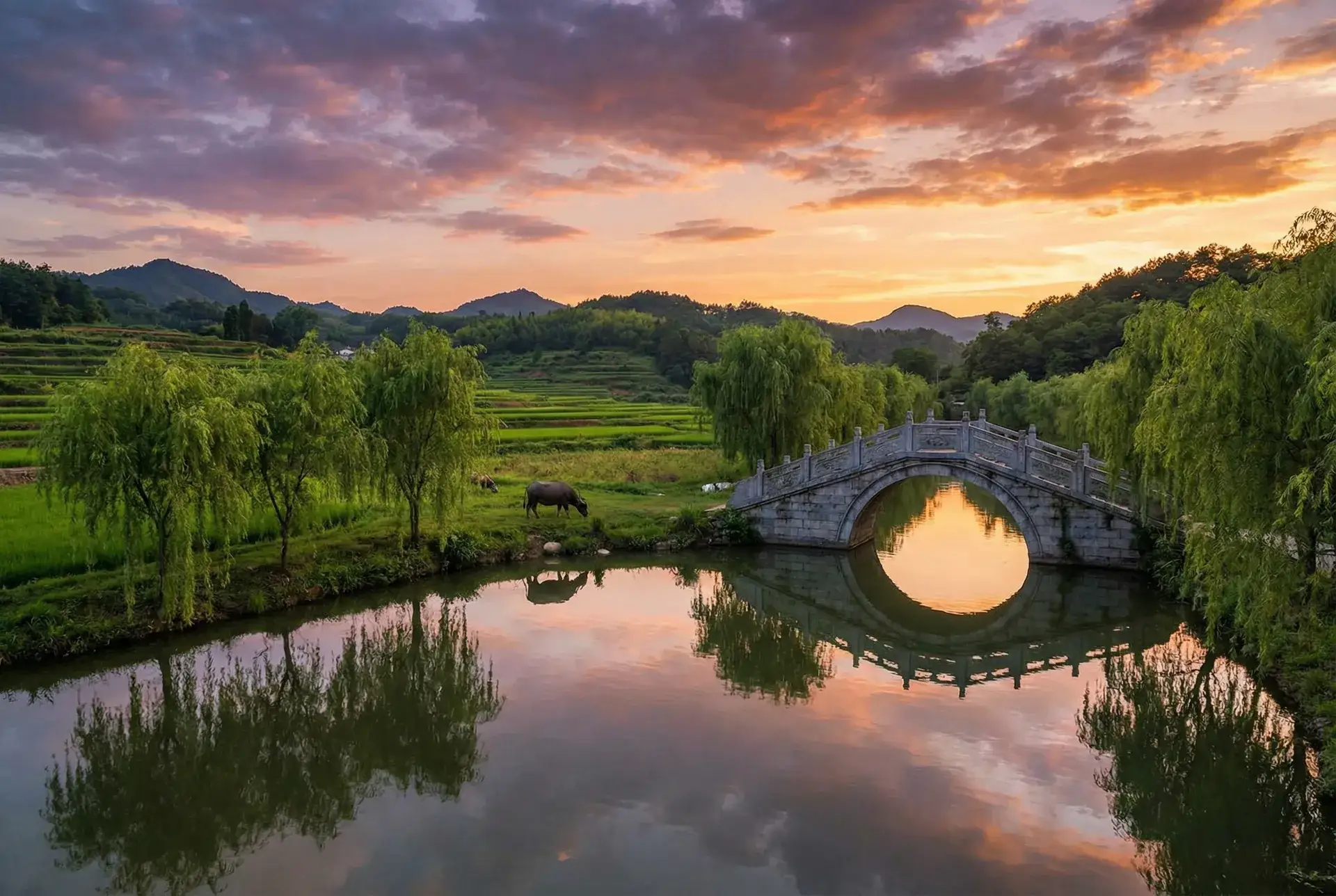 夕阳下的石拱桥与垂柳，水牛在河边吃草 - 狗奴 乡村美景
